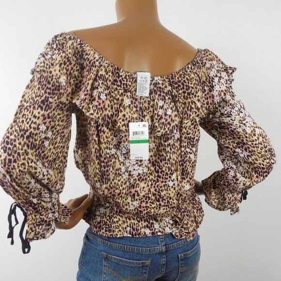 AMERICAN RAG Top L New $49 Tan/Pink Animal Print Blouse Cropped On/Off Shoulder - Picture 7 of 9